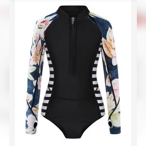 Long-Sleeve Kids Floral Stripe One-Piece Rash Guard Swimsuit -50 SPF Girls 11/12